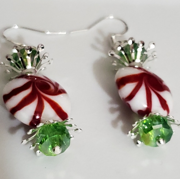 Glass lampwork candy peppermint earrings swavorski crystal 925 sterling silver - Picture 6 of 13